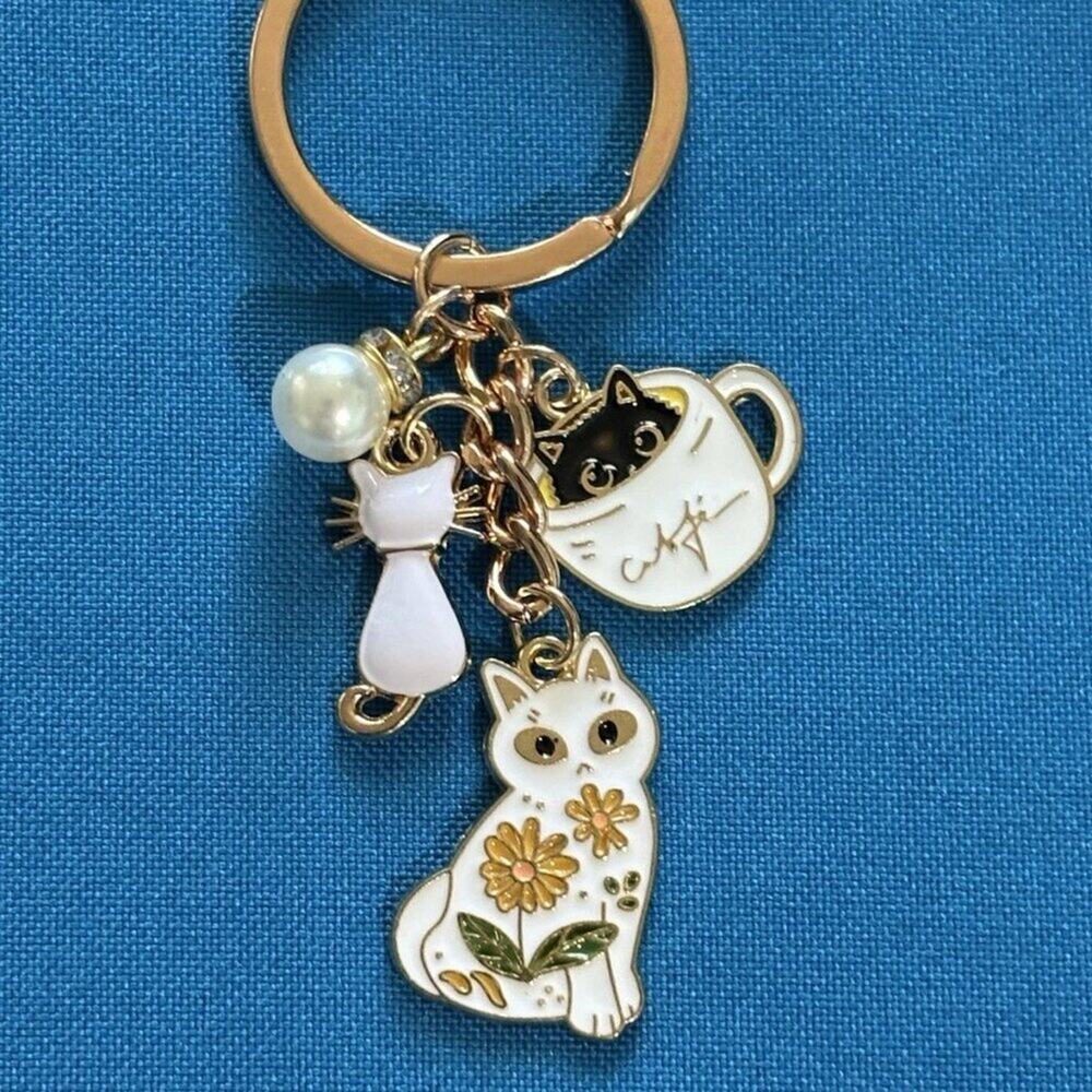 Pearl + Kitty Cats Tea Coffee Cup Keychain Enamel Bag Charm Cute Book Bag Charm